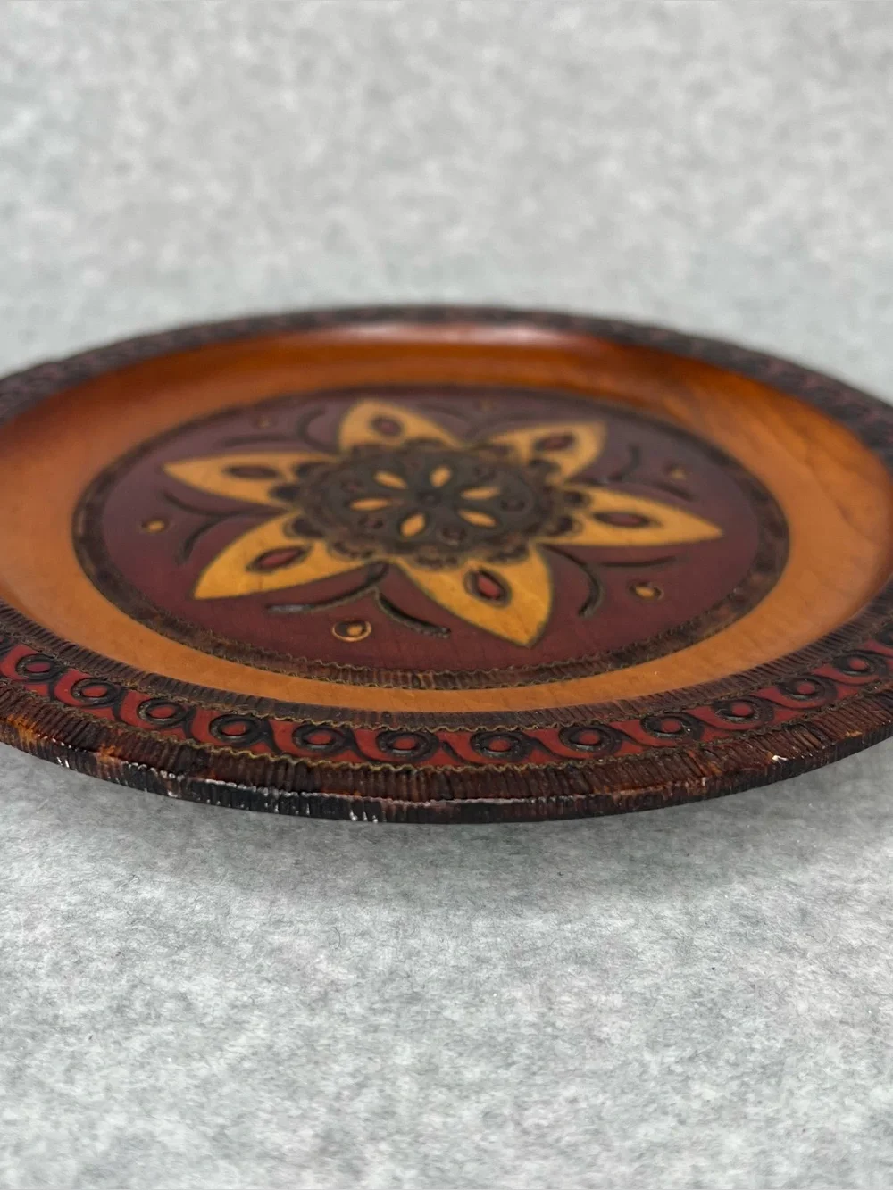 Vintage Decorative Ornate Carved Wooden Folk Art 8” Plate Polish